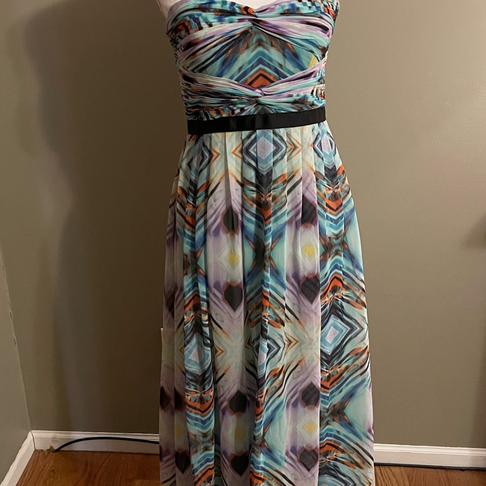 Adrianna Papell Blue and Brown Strapless Maxi flowing dress
